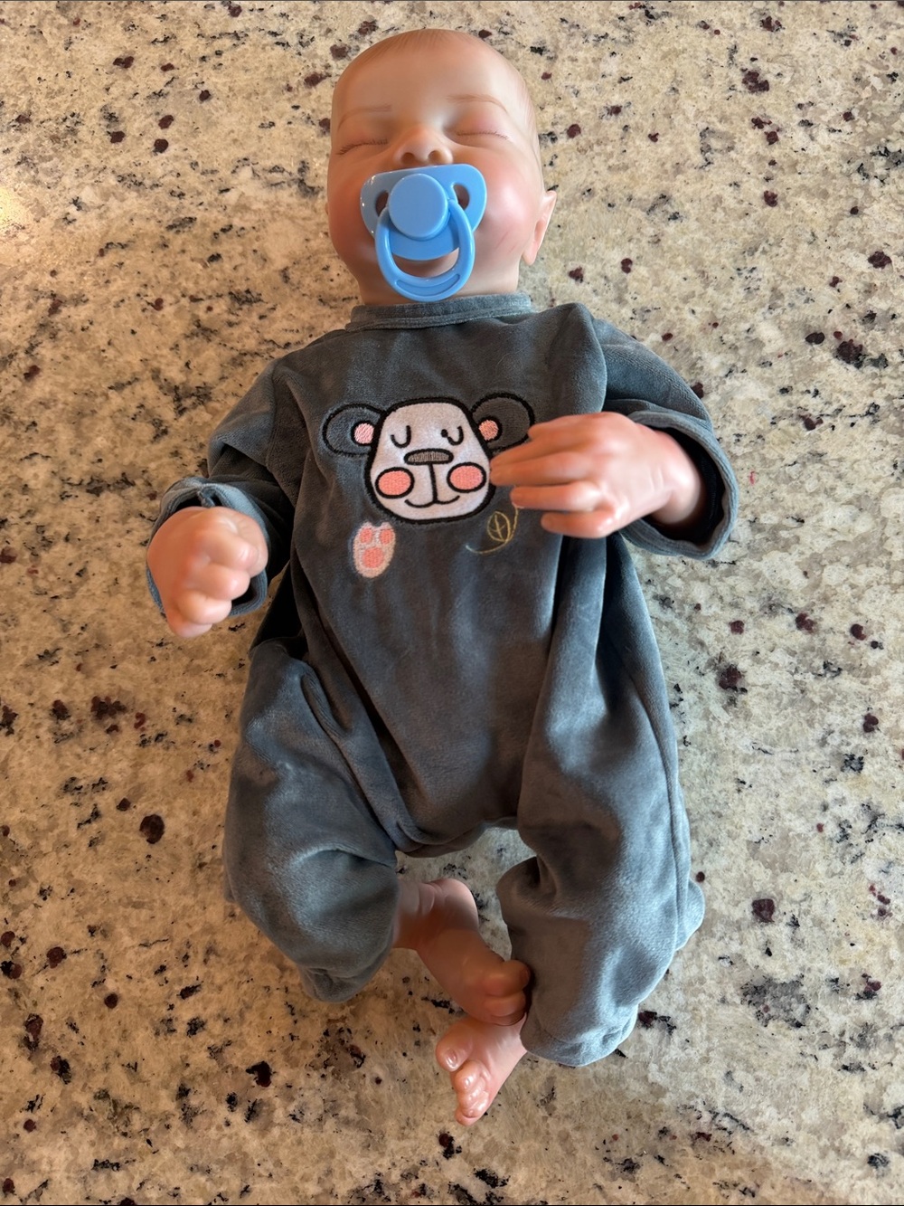 Amazon Grey Velour Baby Doll One-Piece with Bear Appliqué